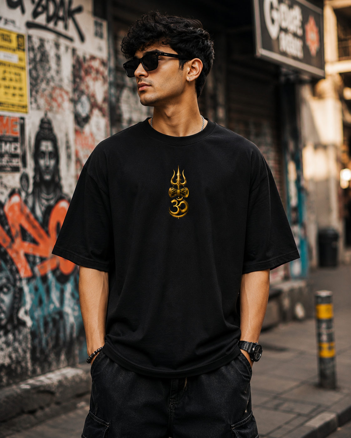Black Mahadev Oversized T Shirt with Om Trishul Chest Print