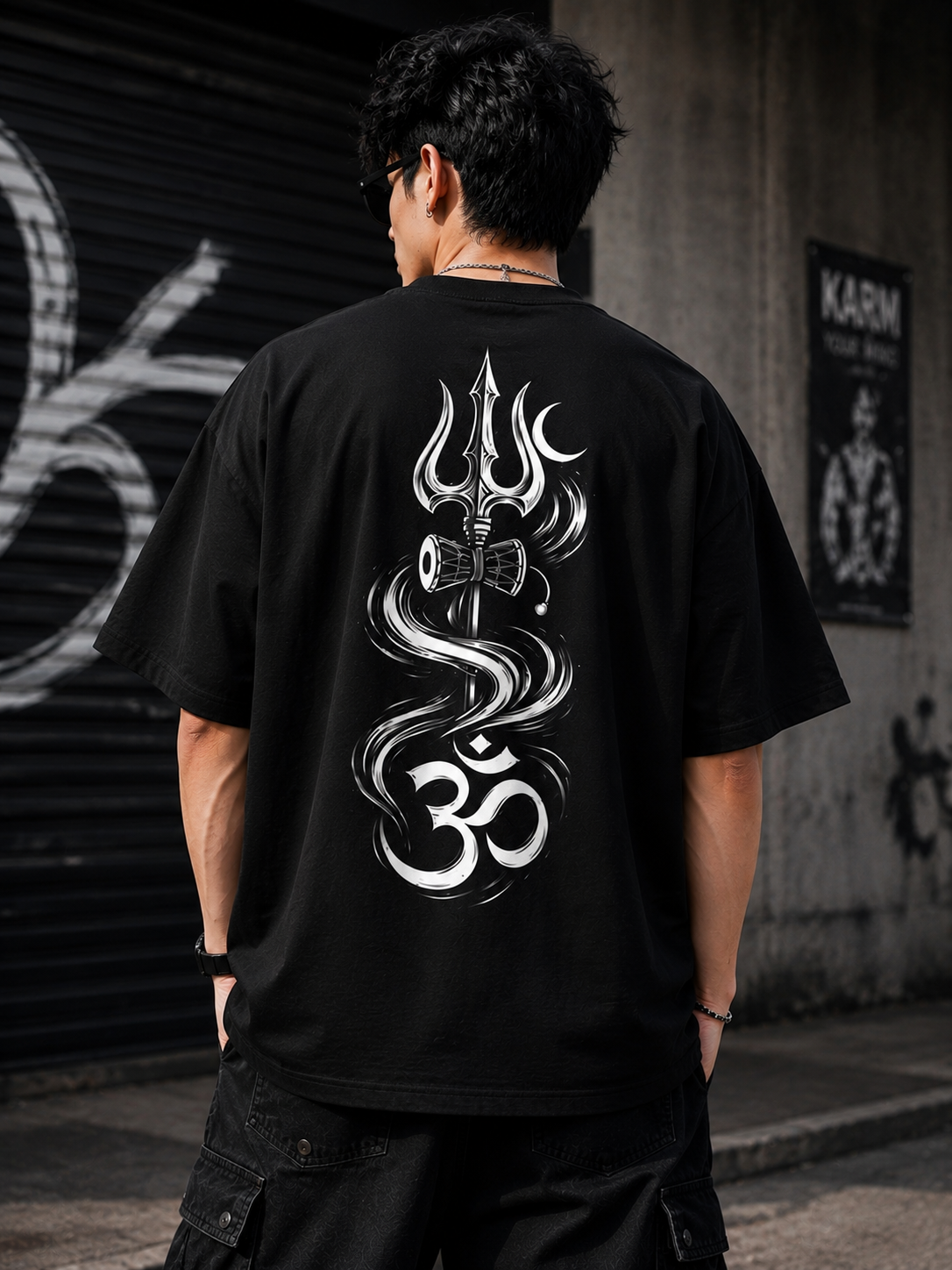 Shiva Trishul Oversized T Shirt for Men | Om Damru Back Print Graphic Tee | Cotton Streetwear Mahadev T Shirt - Image 5