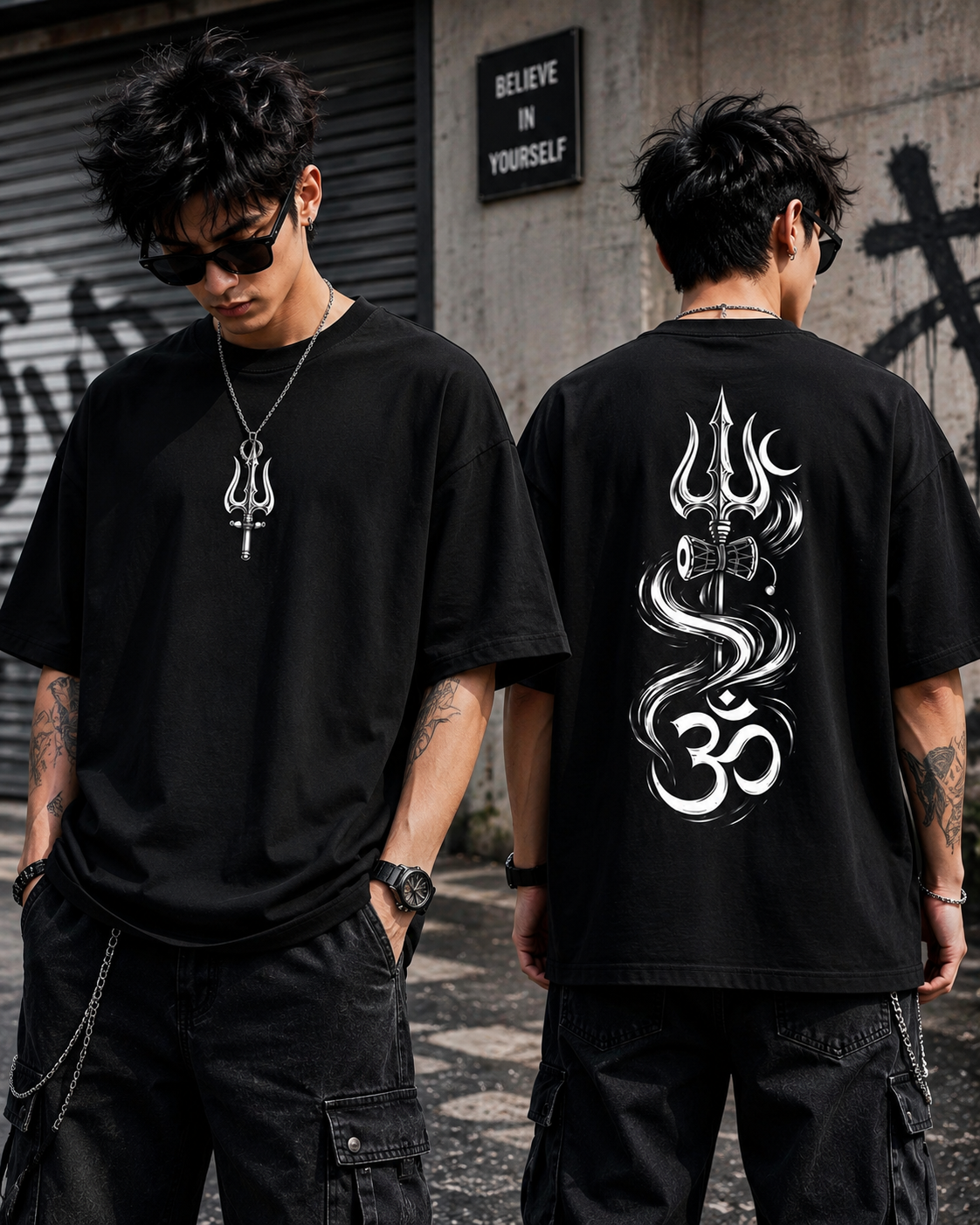 Shiva Trishul Oversized T Shirt Front and Back Print for Men