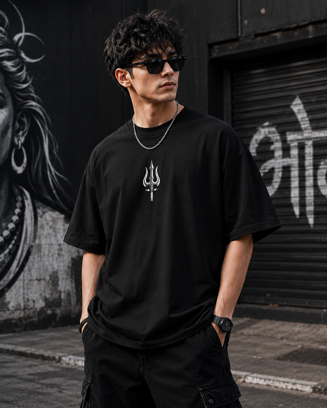 Shiva Trishul Oversized T Shirt with Minimal Chest Graphic