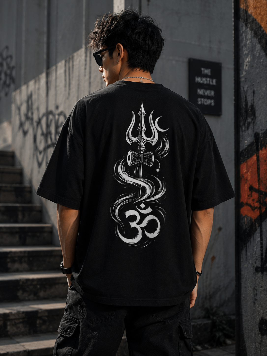 Lifestyle Image Men Wearing Shiva Trishul Oversized T Shirt Streetwear Style