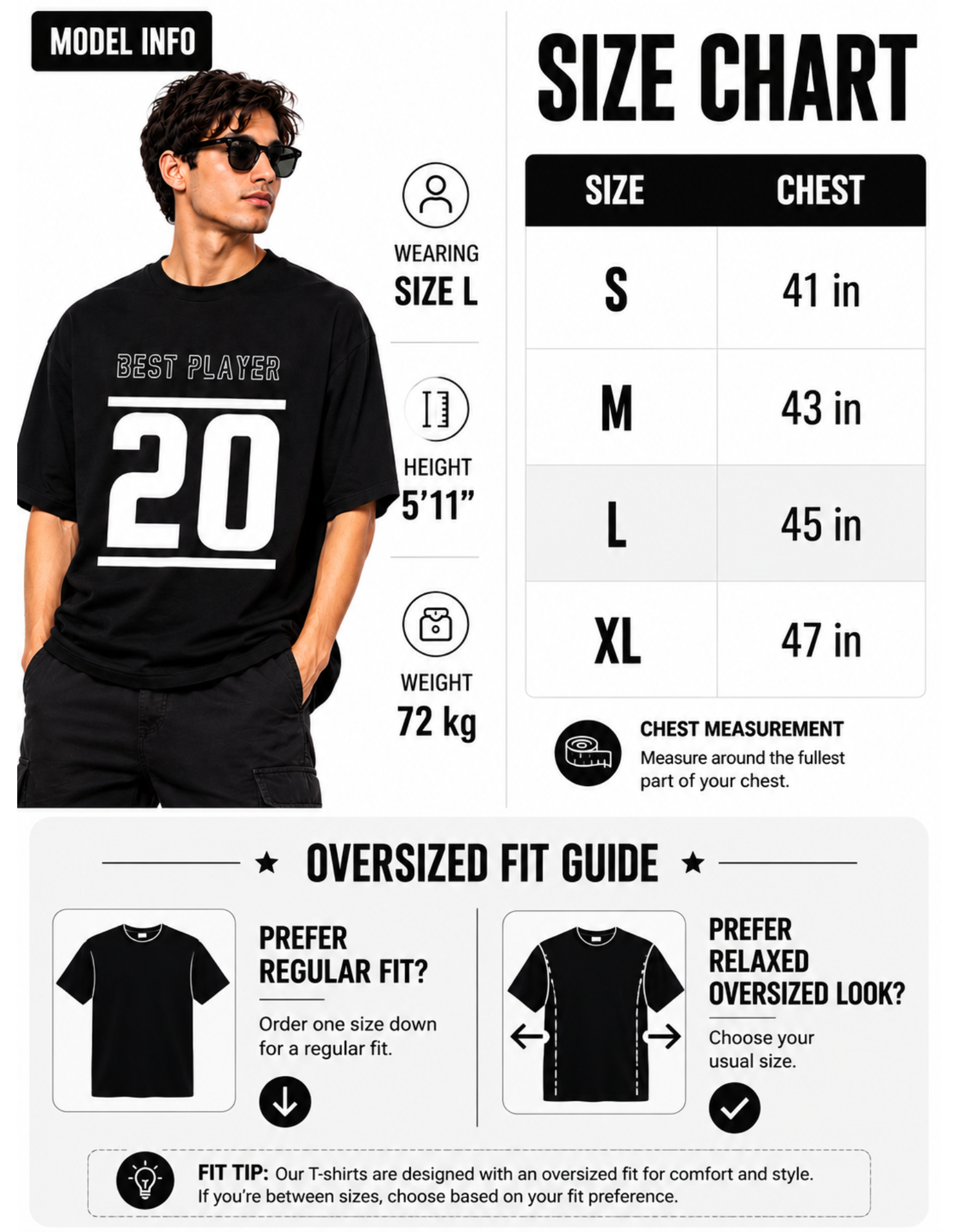 Riwazah Black Oversized Cotton T Shirt for Men | BEST PLAYER 20 Premium Graphic Tee - Image 3