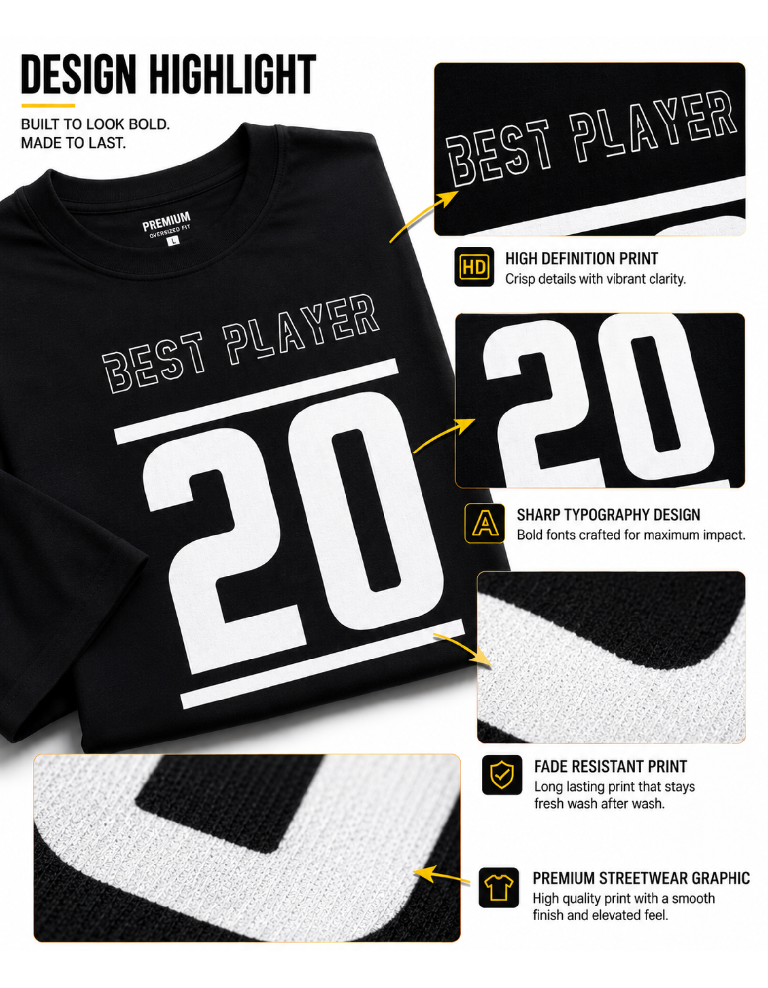 Riwazah Black Oversized Cotton T Shirt for Men | BEST PLAYER 20 Premium Graphic Tee - Image 4